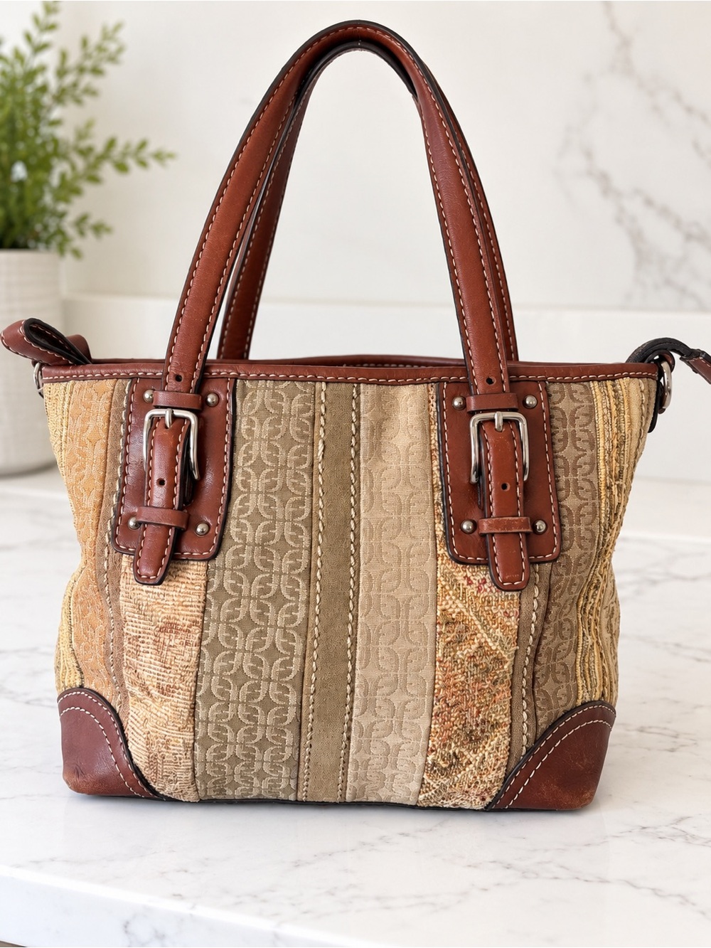 Vintage Fossil Canvas and Leather patchwork Stripe Pattern Small Purse Handbag